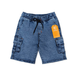 Boys blue denim cargo shorts with elastic waistband and utility side pockets