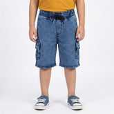 Boys blue denim cargo shorts with elastic waistband and utility side pockets