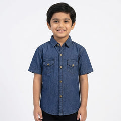 Boys Dark Blue Denim Half Sleeve Shirt lifestyle view