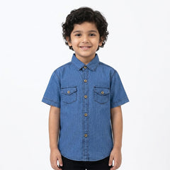 Boys Light Blue Denim Half Sleeve Shirt lifestyle view