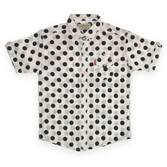 White Cotton Half Sleeve Shirt – Diagonal Big Black Polka Dot Print