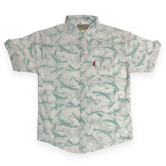 White Cotton Half Sleeve Shirt – Aqua Shark Print