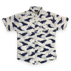 White Cotton Half Sleeve Shirt – Navy Whale Print