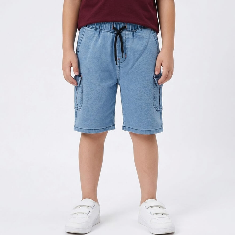 Boys Sky Blue Denim Cargo Shorts lifestyle view