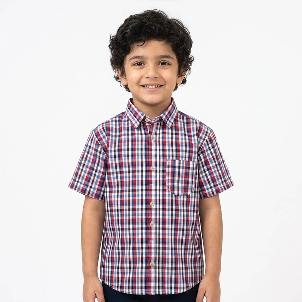 Boys Checkered Red White Half Sleeve Shirt lifestyle view