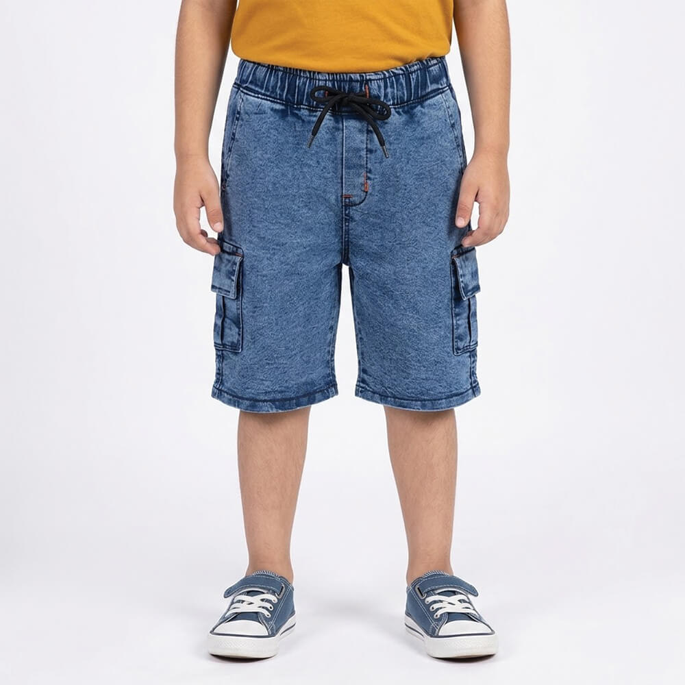 Boys blue denim cargo shorts with elastic waistband and utility side pockets