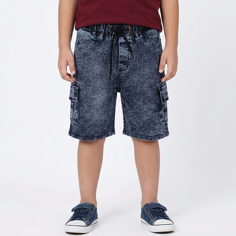 Boys dark wash denim cargo shorts with elastic waistband and utility cargo pockets