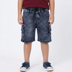 Boys dark wash denim cargo shorts with elastic waistband and utility cargo pockets