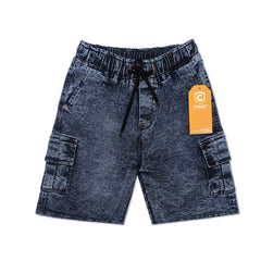 Boys dark wash denim cargo shorts with elastic waistband and utility cargo pockets