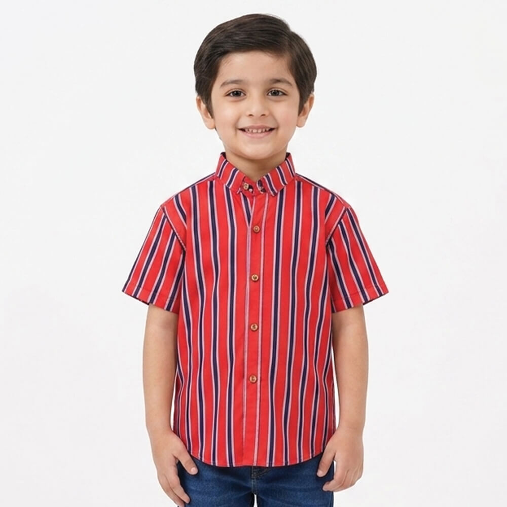 Boys Red Striped Half Sleeve Shirt lifestyle view