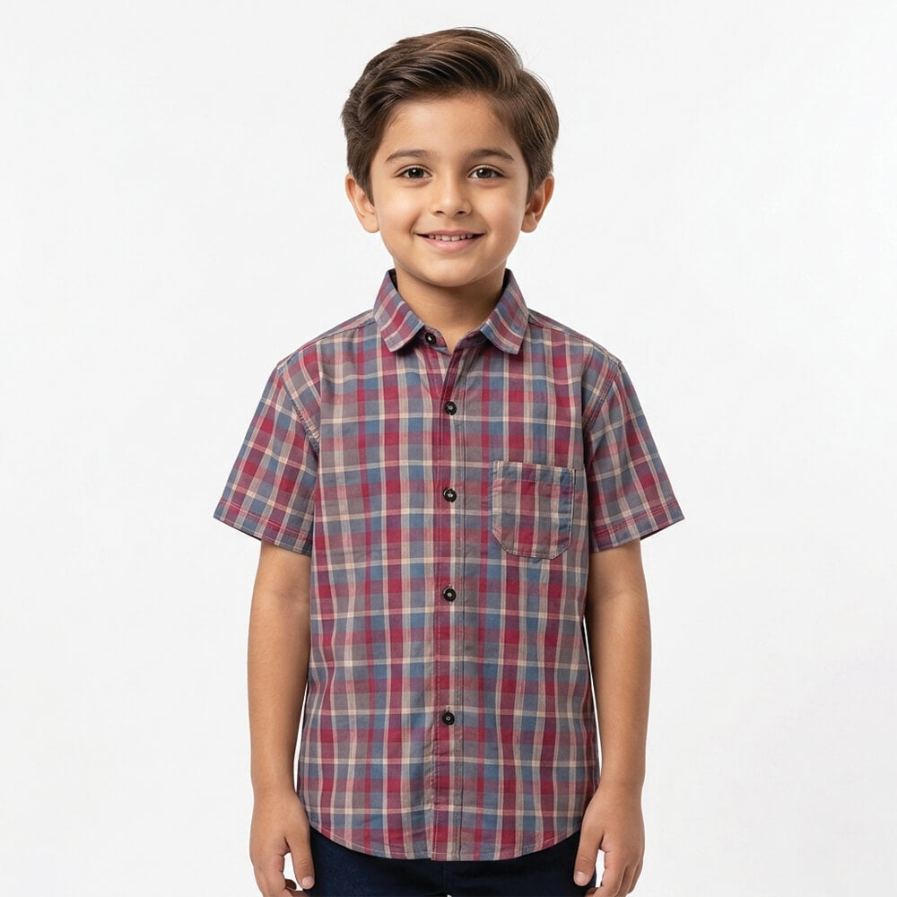 Boys Checkered Red Half Sleeve Shirt lifestyle view