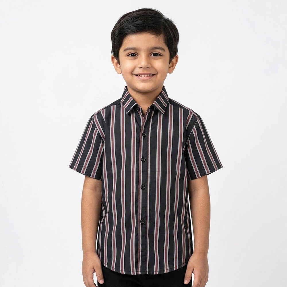 Boys Black & Red Striped Half Sleeve Shirt lifestyle view