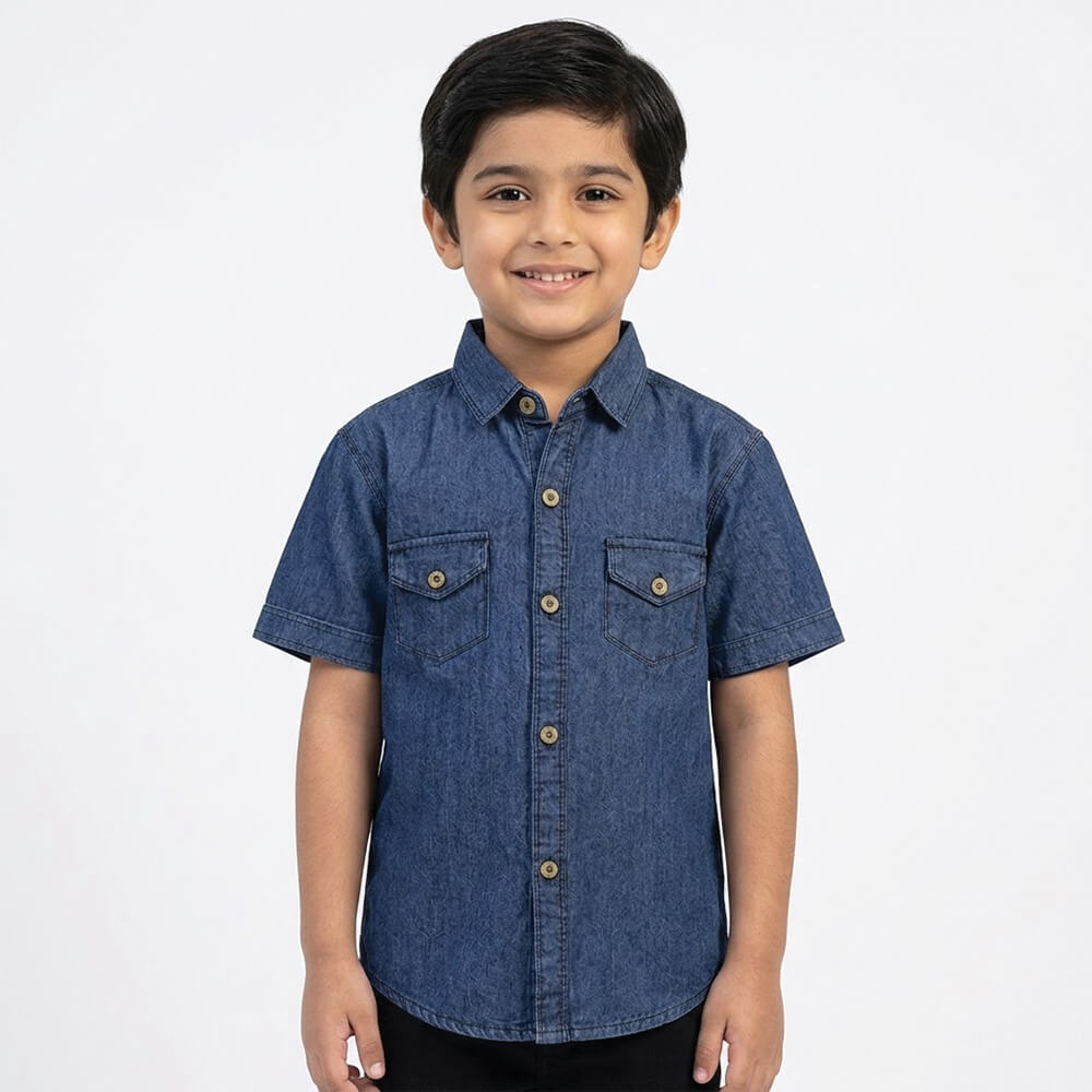 Boys Dark Blue Denim Half Sleeve Shirt lifestyle view