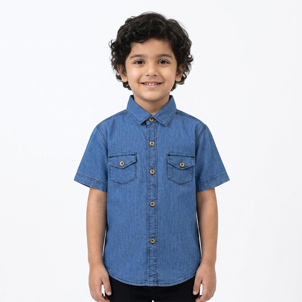 Boys Light Blue Denim Half Sleeve Shirt lifestyle view