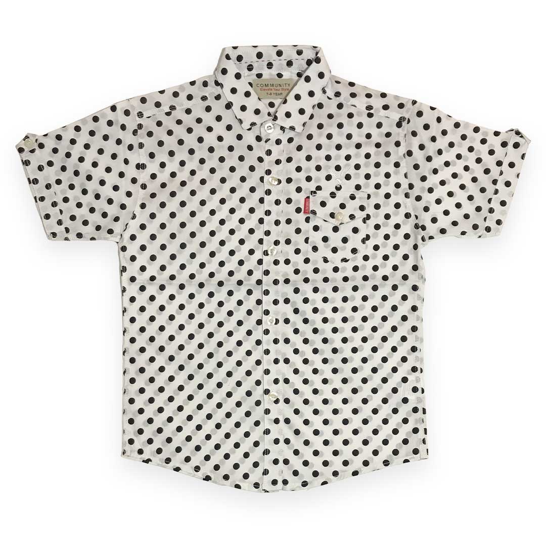White Cotton Half Sleeve Shirt – Diagonal Black Polka Dot Print