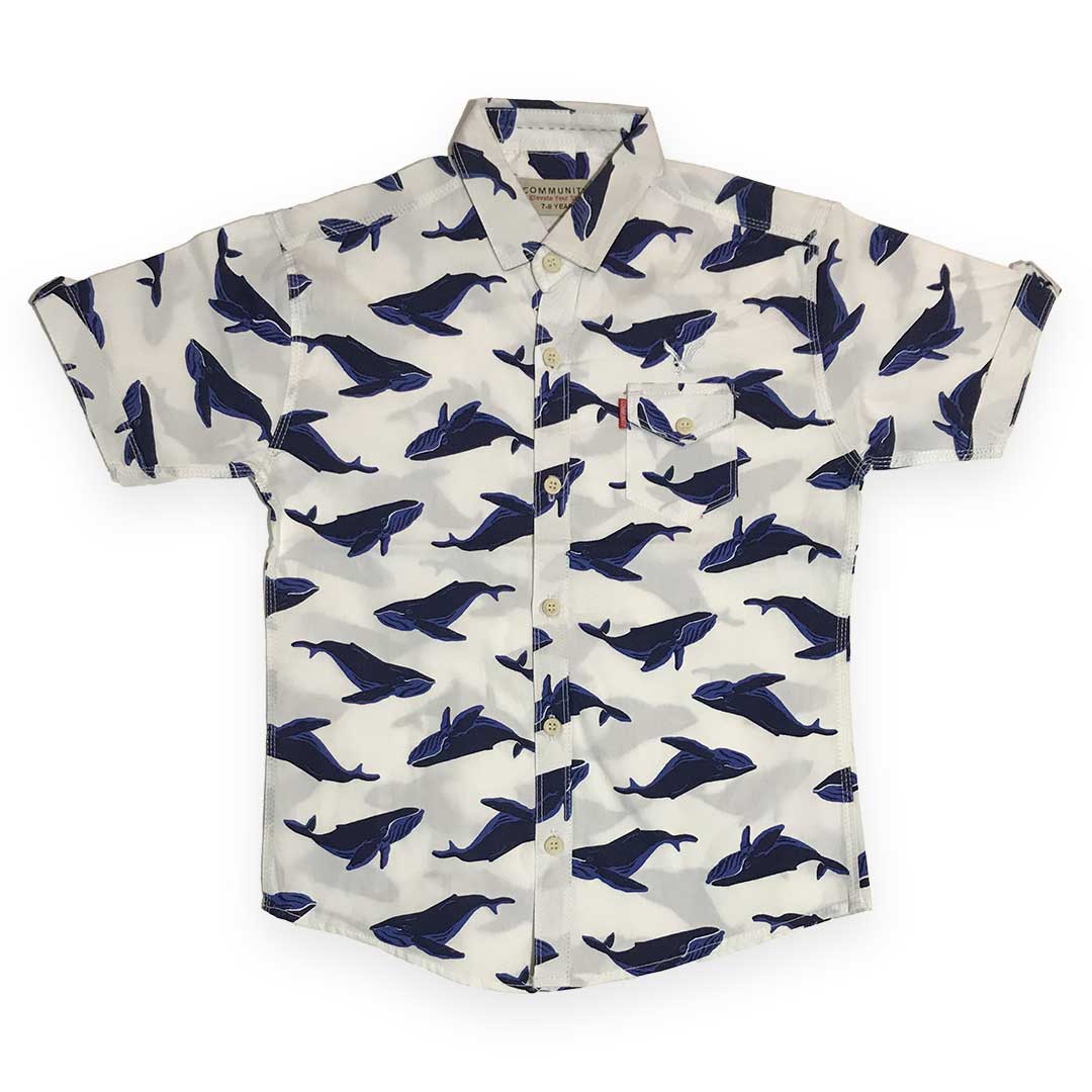 White Cotton Half Sleeve Shirt – Navy Whale Print